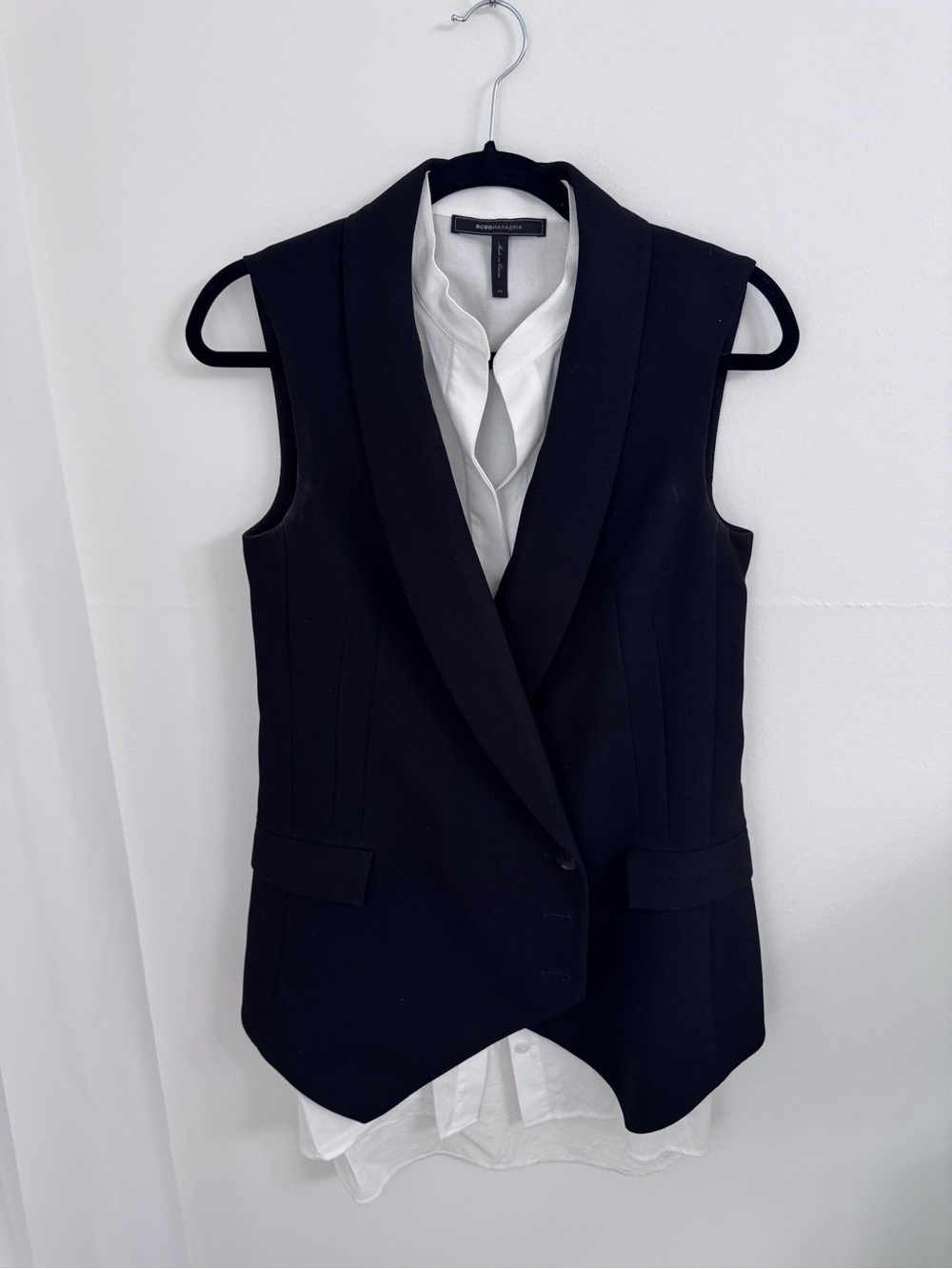 BCBGMaxAzria Black Sleeveless Vest with White Blouse Insert